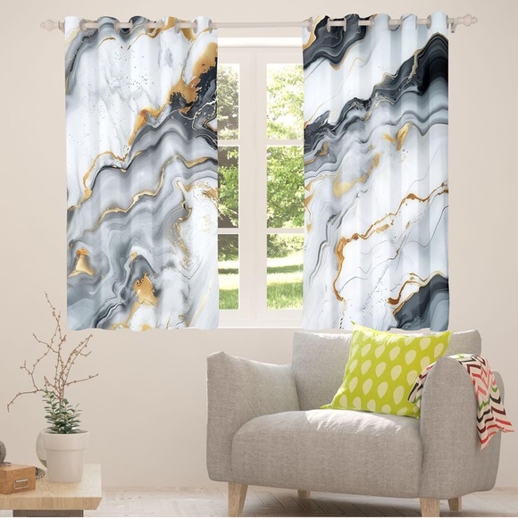 Other - Marble Grey Blue Gold Curtains 63 Inch Length 2 Panels Set, Abstract Modern